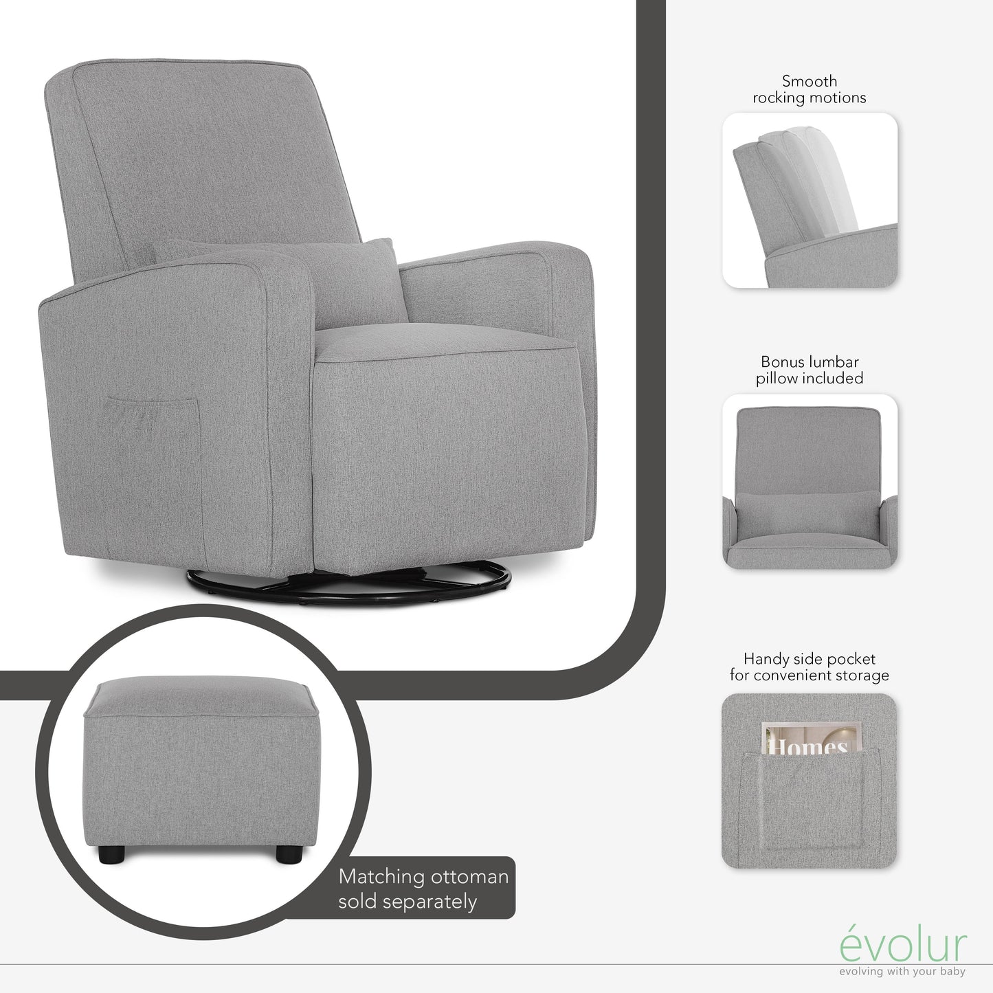 Holland Upholstered Swivel Glider | Rocker I Included Lumbar Pillow I Modern Design, Luxe Grey