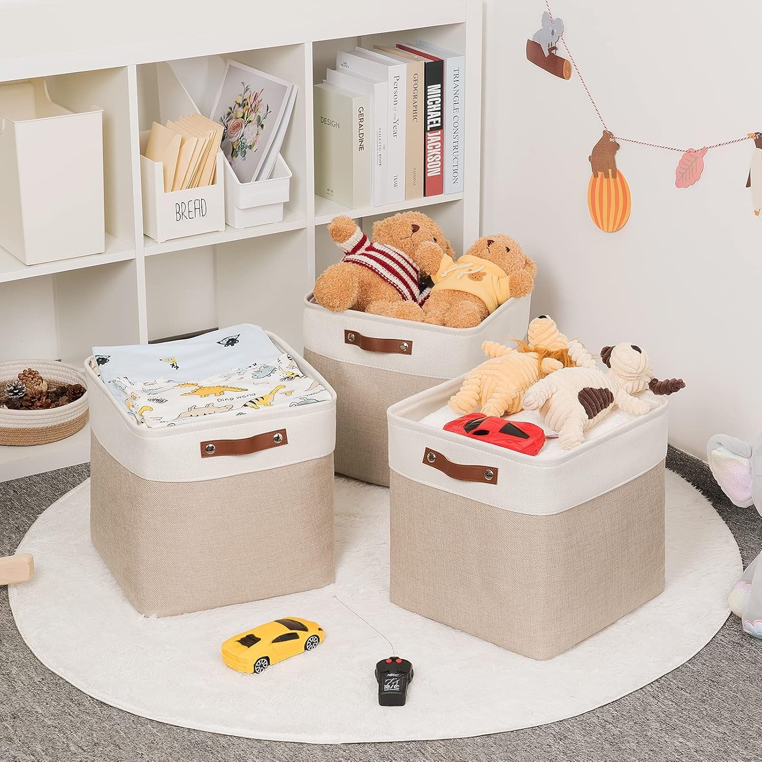Cube Storage Baskets for Shelves Foldable Storage Baskets(3 Pack) Cube Storage Bin,13 Inch Storage Basket for Organizing with Leather Handles for Toys, Clothes, Kids, Closet (White&Beige)