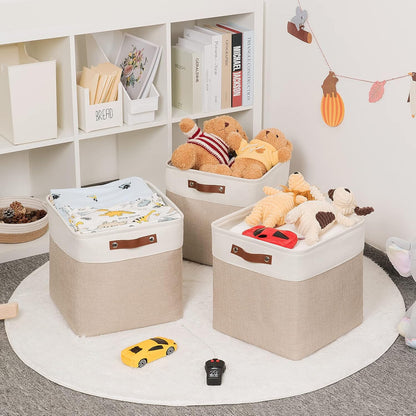 Cube Storage Baskets for Shelves Foldable Storage Baskets(3 Pack) Cube Storage Bin,13 Inch Storage Basket for Organizing with Leather Handles for Toys, Clothes, Kids, Closet (White&Beige)