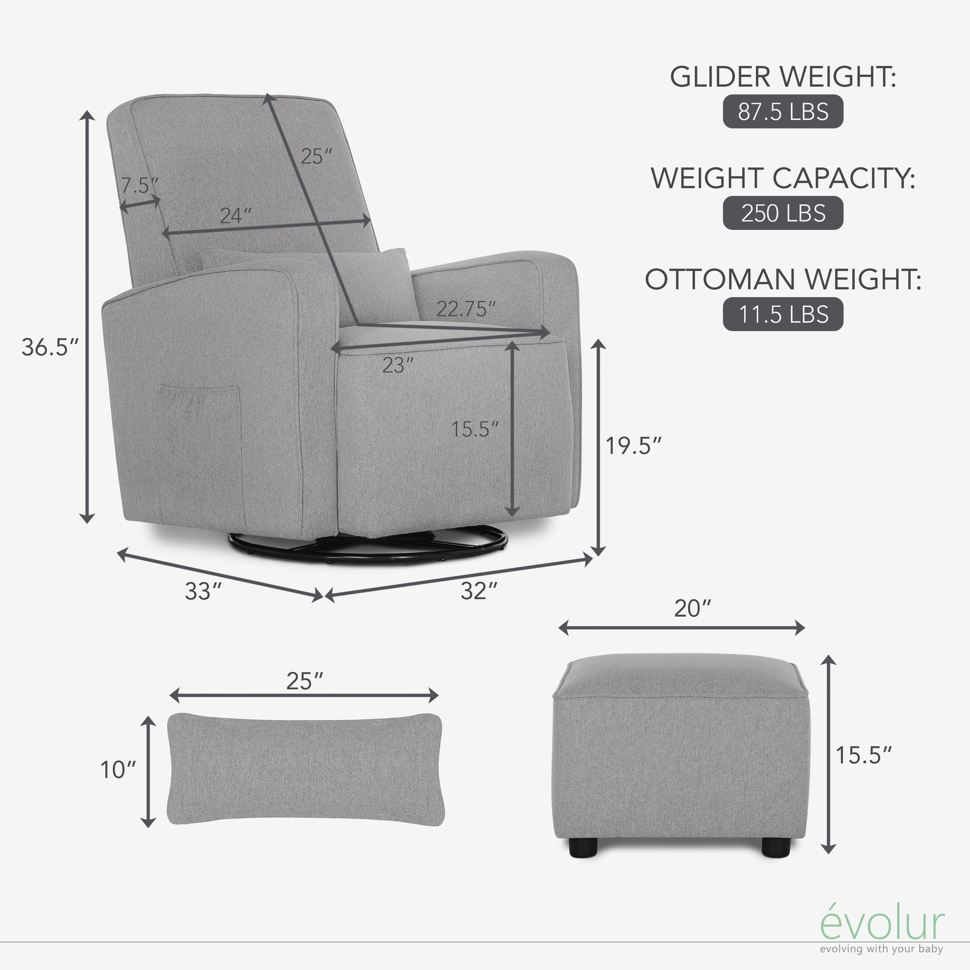Holland Upholstered Swivel Glider | Rocker I Included Lumbar Pillow I Modern Design, Luxe Grey