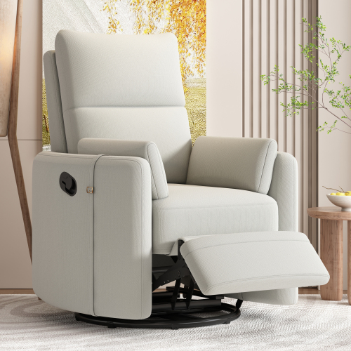 Upholstered Swivel Recliner Manual Rocker Recliner Chair Baby Nursery Chair with Two Removable Pillows for Living Room