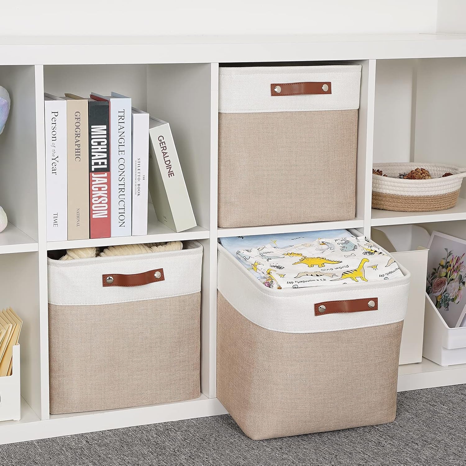 Cube Storage Baskets for Shelves Foldable Storage Baskets(3 Pack) Cube Storage Bin,13 Inch Storage Basket for Organizing with Leather Handles for Toys, Clothes, Kids, Closet (White&Beige)