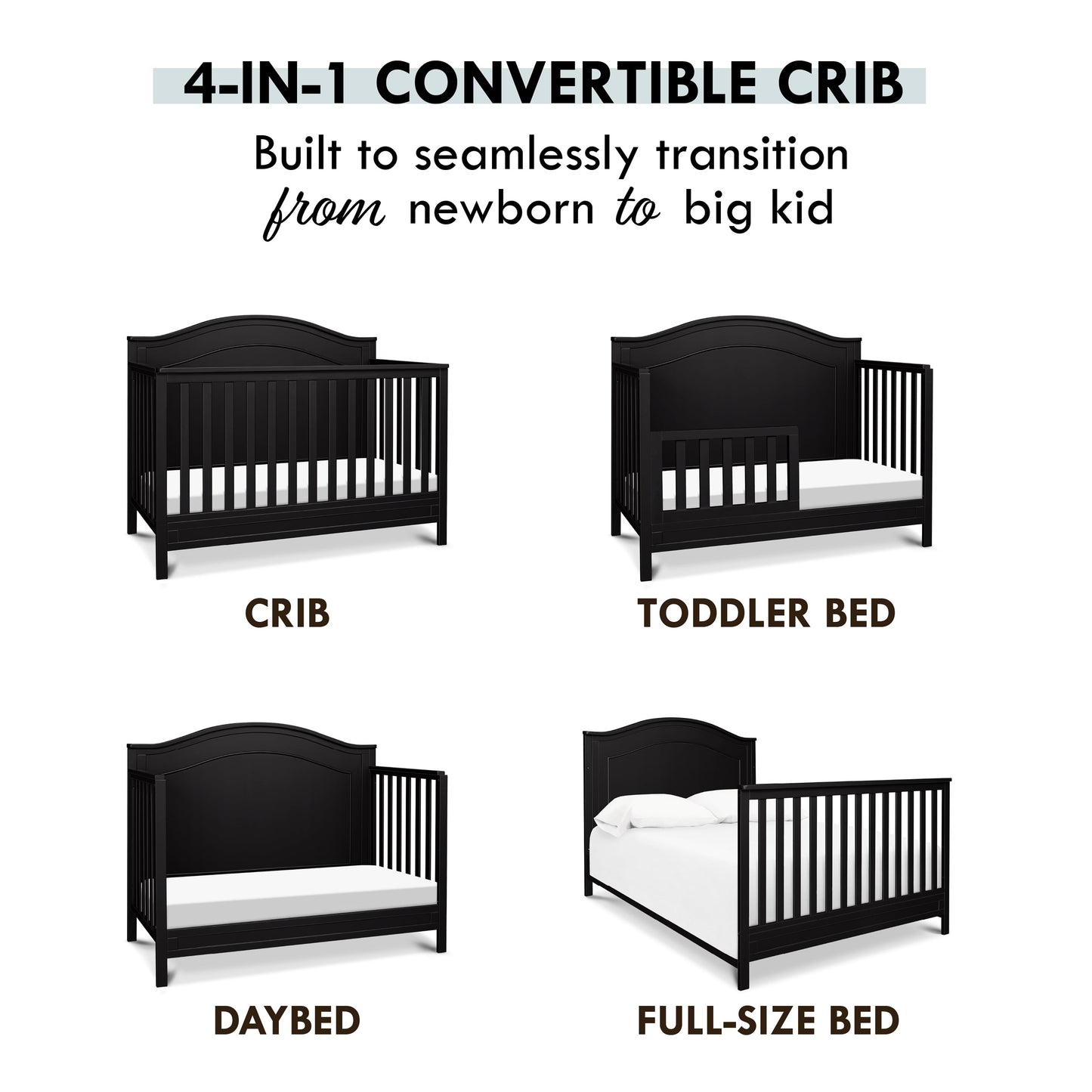 Charlie 4-In-1 Convertible Crib, Greenguard Gold Certified, Ebony