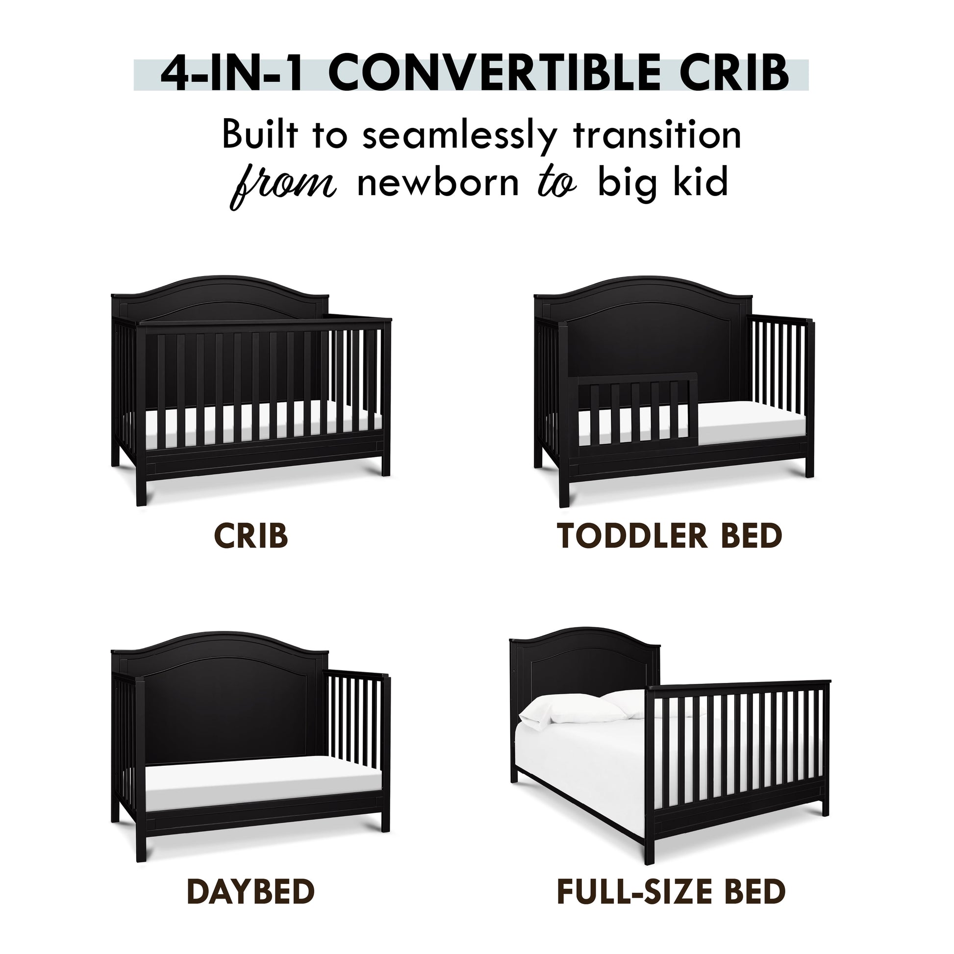 Charlie 4-In-1 Convertible Crib, Greenguard Gold Certified, Ebony