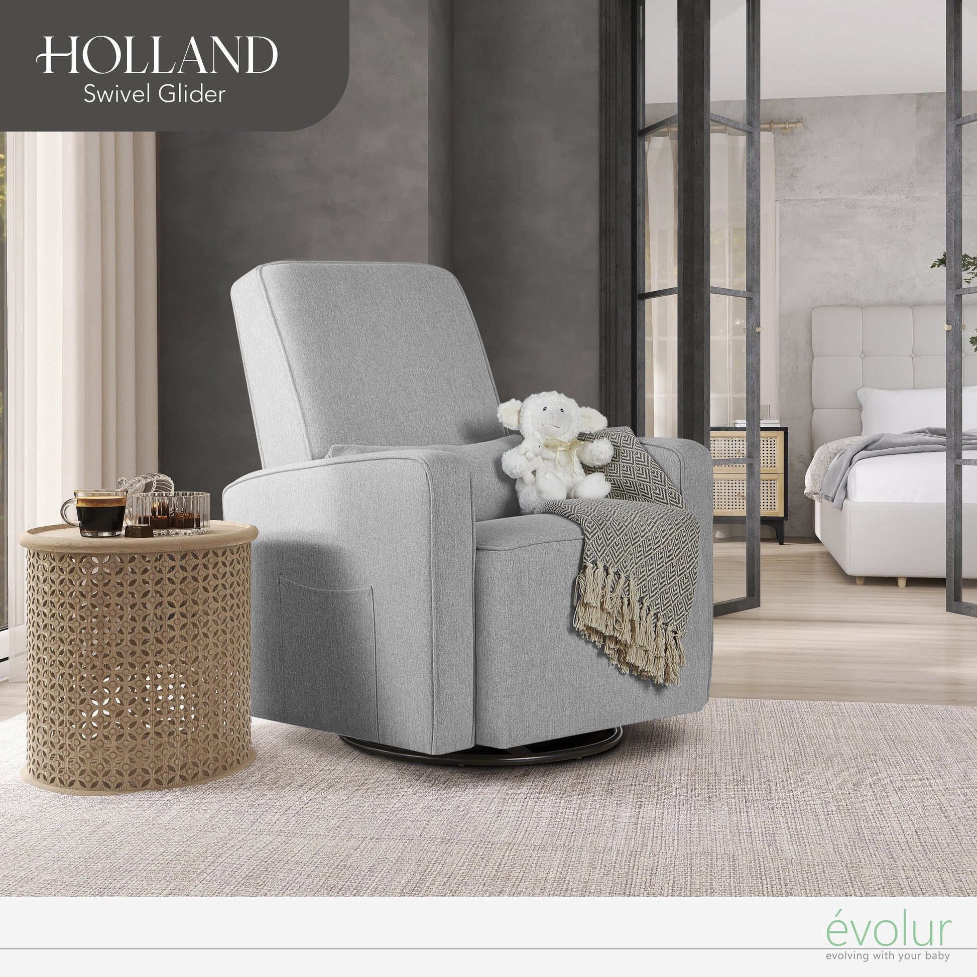 Holland Upholstered Swivel Glider | Rocker I Included Lumbar Pillow I Modern Design, Luxe Grey