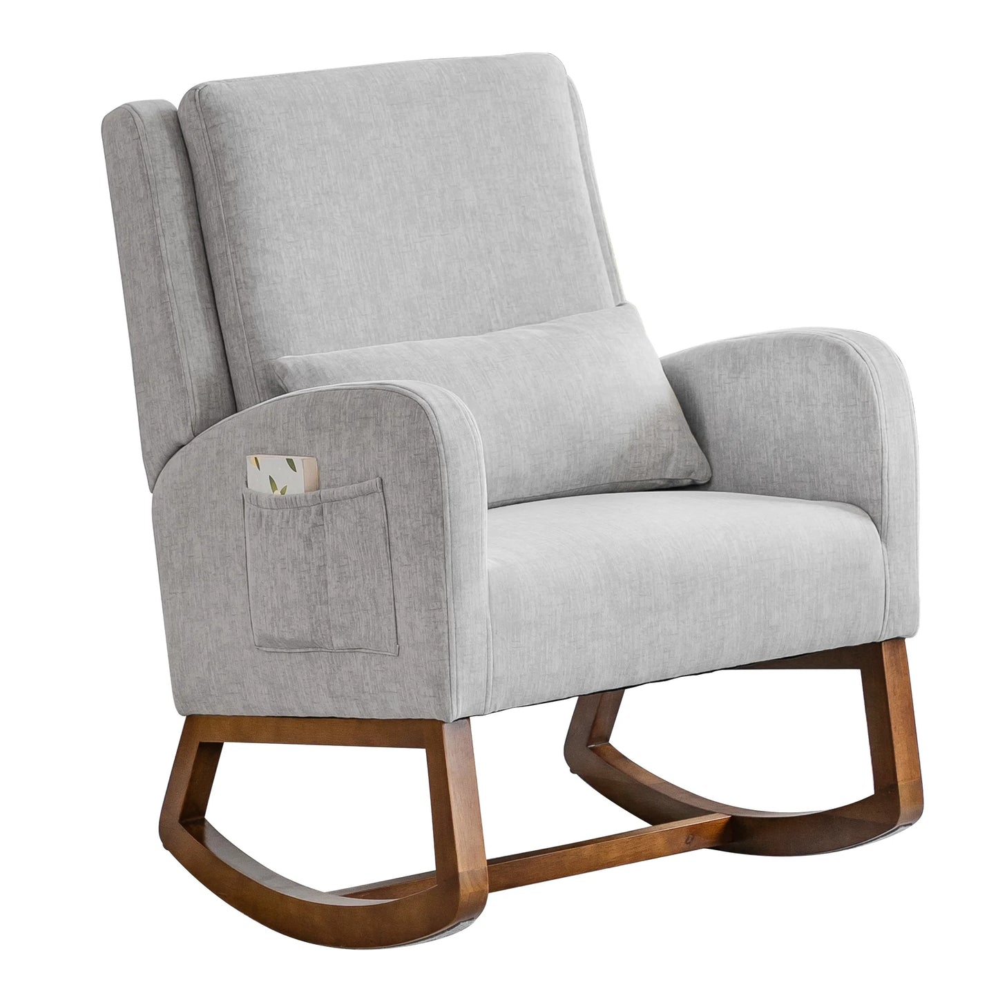 Grey Upholstered Modern Glider Rocking Chair with Pillow and High Back Padded Seat