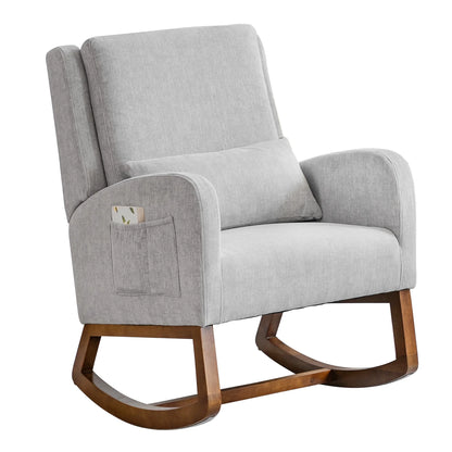 Grey Upholstered Modern Glider Rocking Chair with Pillow and High Back Padded Seat