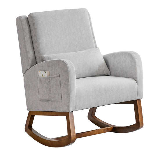 Grey Upholstered Modern Glider Rocking Chair with Pillow and High Back Padded Seat